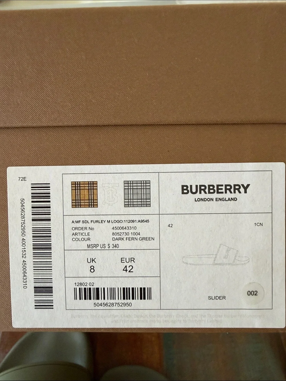 NWT Burberry Furley Olive Green Logo Slide Sandals size 42